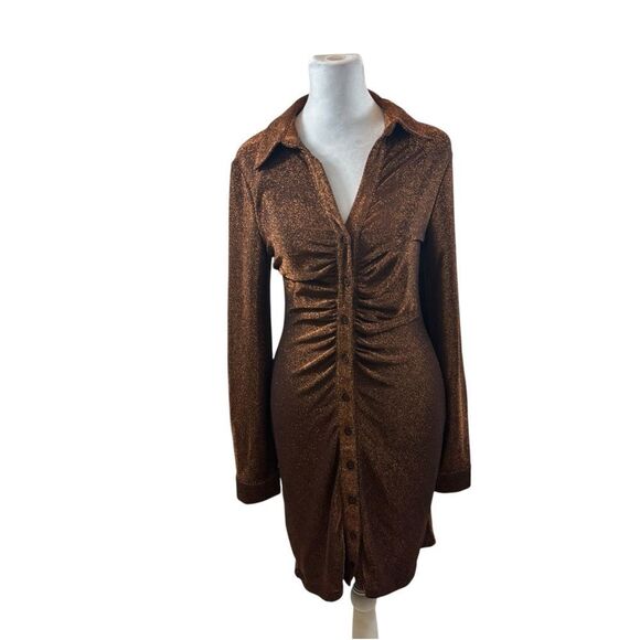 Ladies ASTR the Label Ambel Ruched‎ Shirt Dress Copper Long Sleeves Size Large - Picture 6 of 16